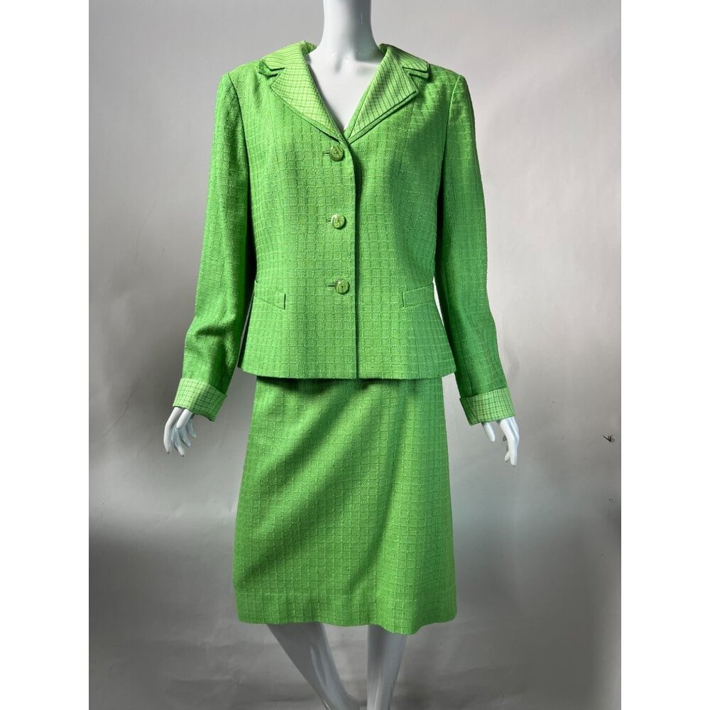 Vintage George Simonton Green Womens Suit Set Size 14 100% Silk With Acetate Lin